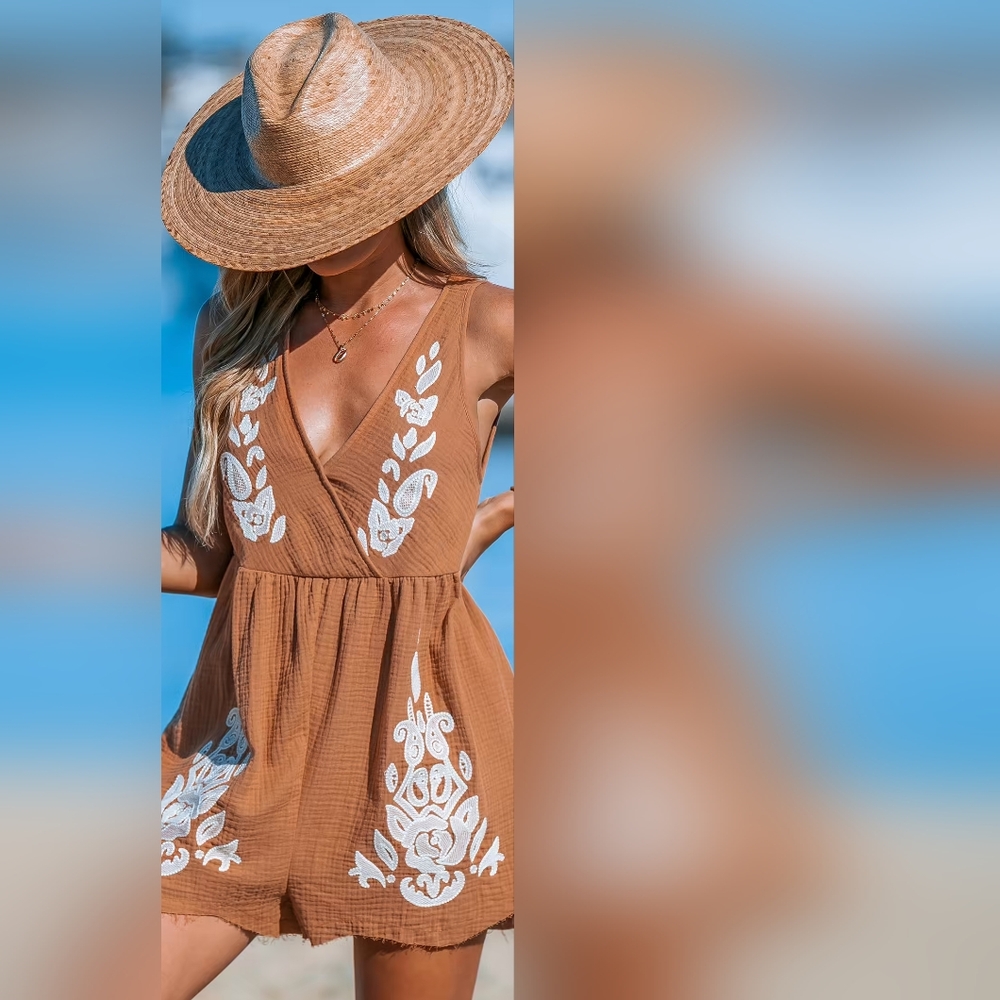 Embroidered V-neckline Romper